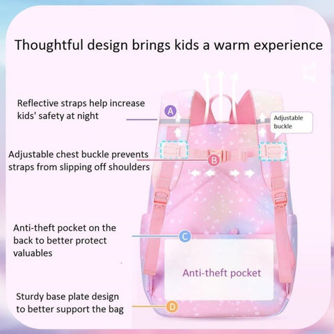 Waterproof Kawaii School Backpack for Girls with Reflective Strap, Purple, Compatible with Children and Teenage Girls