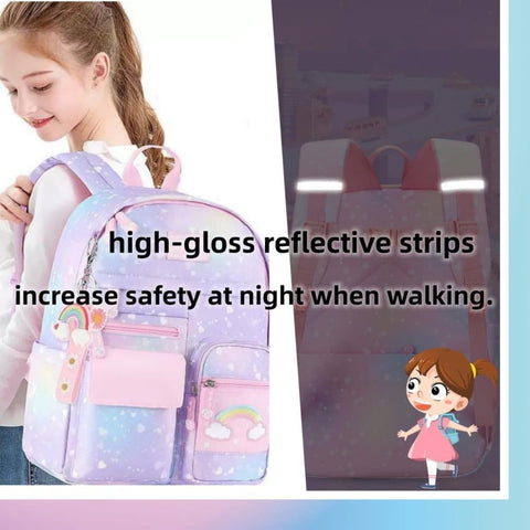Waterproof Kawaii School Backpack for Girls with Reflective Strap, Purple, Compatible with Children and Teenage Girls