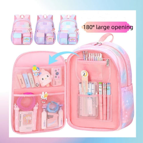 Waterproof Kawaii School Backpack for Girls with Reflective Strap, Purple, Compatible with Children and Teenage Girls