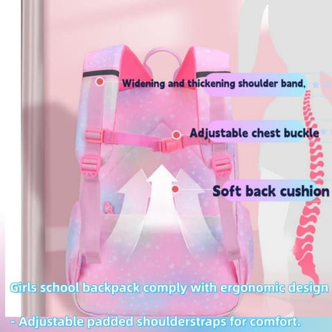 Waterproof Kawaii School Backpack for Girls with Reflective Strap, Purple, Compatible with Children and Teenage Girls