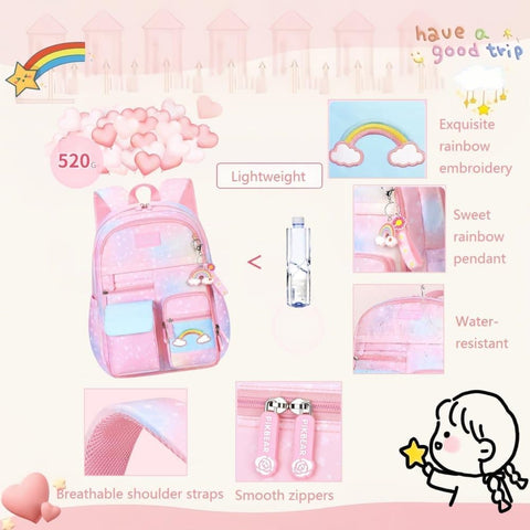 Pink Kawaii Waterproof School Backpack for Girls with Reflective Strap, Children and Teenage Backpack