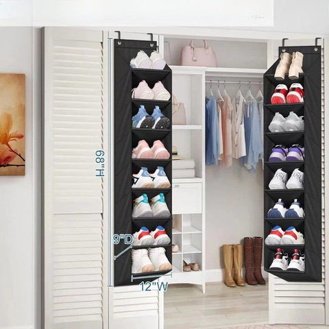 12 Pairs Wall Mounted Shoe Rack with Hooks, Shoe Hanger Storage for Door, 24 x 12 x 4 inches, Black