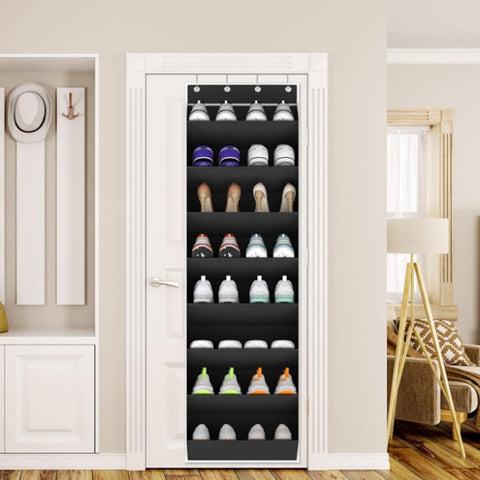 12 Pairs Wall Mounted Shoe Rack with Hooks, Shoe Hanger Storage for Door, 24 x 12 x 4 inches, Black