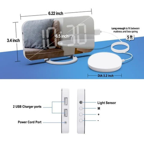 LED Alarm Clock with Bed Shaker for Heavy Sleepers, Digital Mirror Display, Compatible with Philips, Black