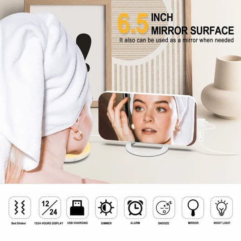 Digital Alarm Clock with Bed Shaker for Heavy Sleepers, LED Mirror Display, Compatible with Philips, Yellow