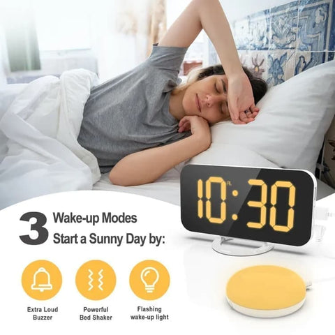 Digital Alarm Clock with Bed Shaker for Heavy Sleepers, LED Mirror Display, Compatible with Philips, Yellow