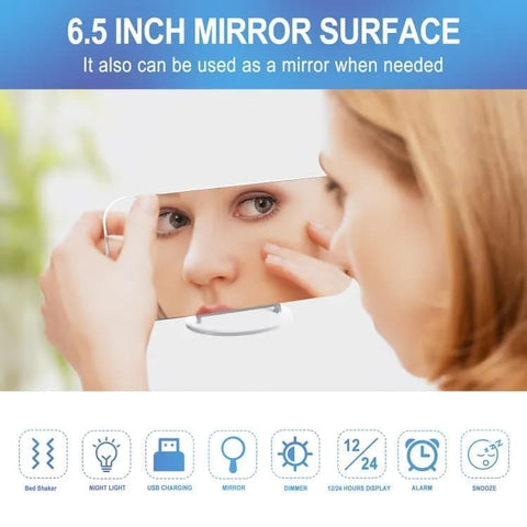Digital LED Mirror Alarm Clock with Bed Shaker for Heavy Sleepers, White, compatible with Braun and Philips