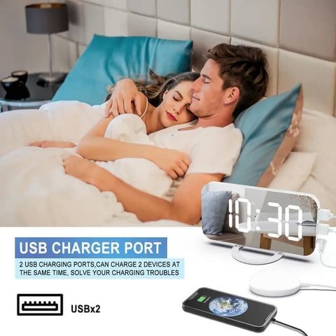 Digital LED Mirror Alarm Clock with Bed Shaker for Heavy Sleepers, White, compatible with Braun and Philips