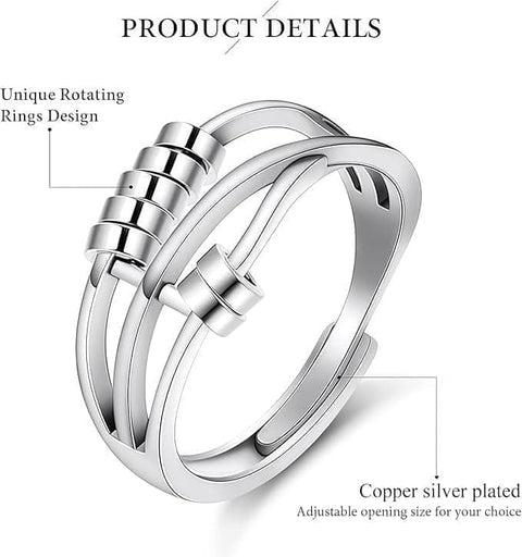 6 pcs Rotatable Anti-Stress Ring with Rotating Beads, Silver, Compatible with Fidget Spinner Rings