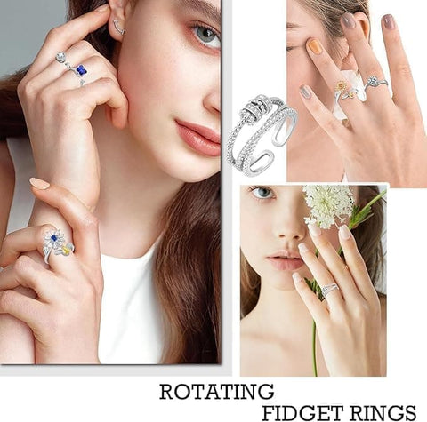 6-Pack Adjustable Anti-Stress Ring with Rotating Beads, Silver, Compatible with Fidget Spinner Rings