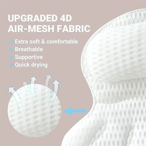 6 Suction Cups Bathtub Cushion with Ergonomic Neck and Back Support 4D Air Mesh, White