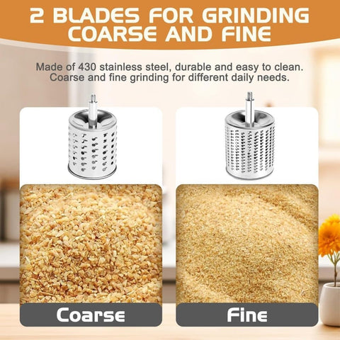 Manual nut grinder with 2 removable drum blades, cheese grater, peanut and almond grinder