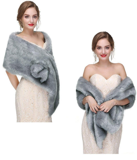 Faux Fur Scarf Shawl for Women, Warm Long Large, with Faux Fur Trim, Gray