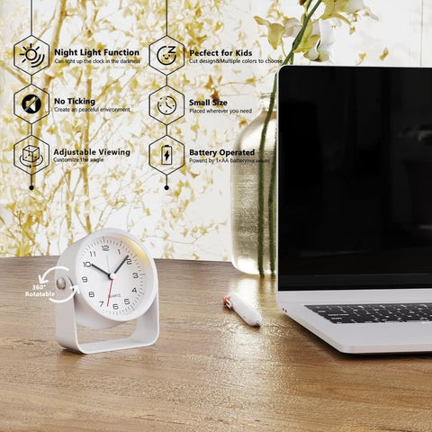 Silent Analog Alarm Clock with Night Light, Adjustable Angle for Travel Nightstand Bedroom, Blue Metal Clock