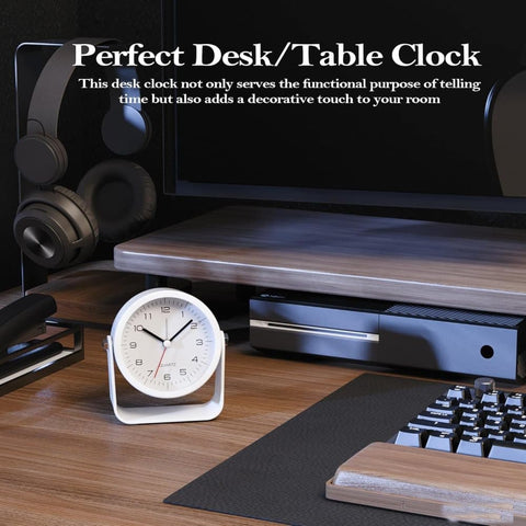 Silent Analog Alarm Clock with Night Light, Adjustable Angle for Travel Nightstand Bedroom, Blue Metal Clock