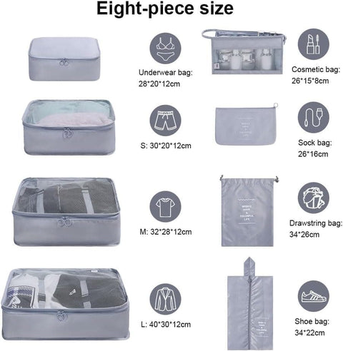 8-Piece Lightweight Water Resistant Travel Organizer for Bags, Gray