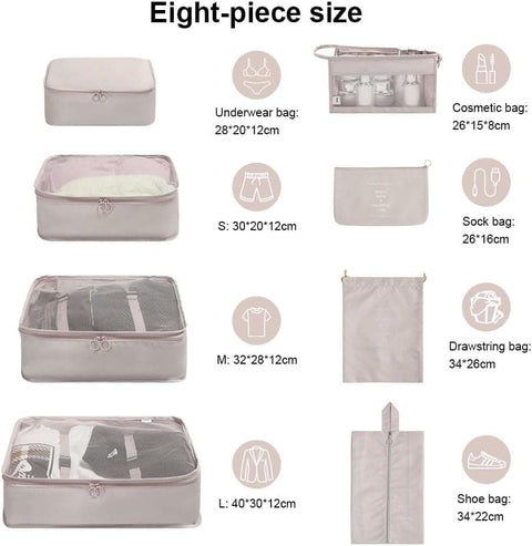 8-Piece Lightweight Water Resistant Travel Organizer for Bags, Beige