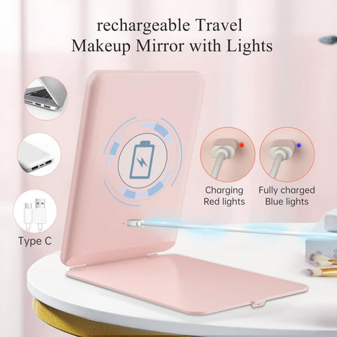 Rechargeable Portable Foldable Makeup Mirror with 3 Color Modes Adjustable Lighting