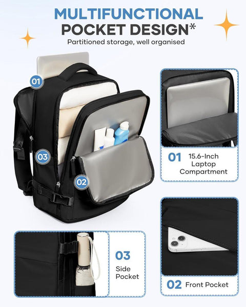 Travel Backpack 42 x 30 x 20 cm, Black, Cabin Bag with Dry and Wet Sorting