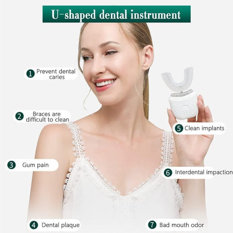 360° U-Shaped Electric Toothbrush with 3 Cleaning Modes, IPX7 Waterproof, Automatic Ultrasonic Tooth Cleaner, Compatible with Oral-B, Pink