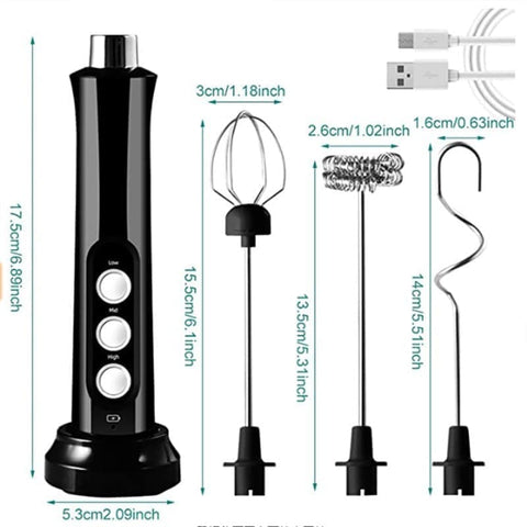 USB Rechargeable Electric Whisk with 3 Speeds, Egg Beater Milk Frother for Coffee and Cappuccino, Compatible with Most Brands, White