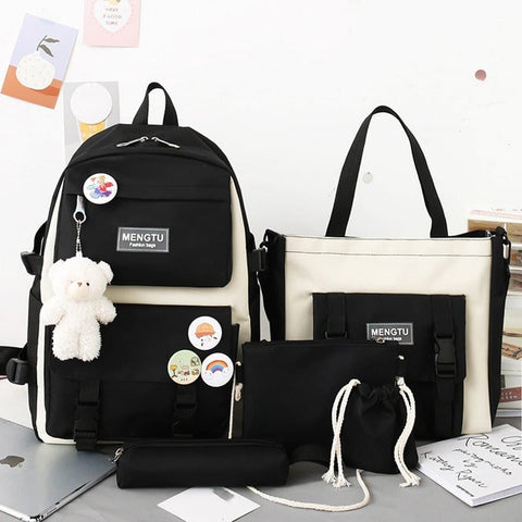 5-Piece School Backpack Set for Students and Teenagers, Black