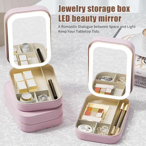 Portable Makeup Bag with LED Mirror 3 Light Modes, Travel Cosmetic Organizer for Women, Pink
