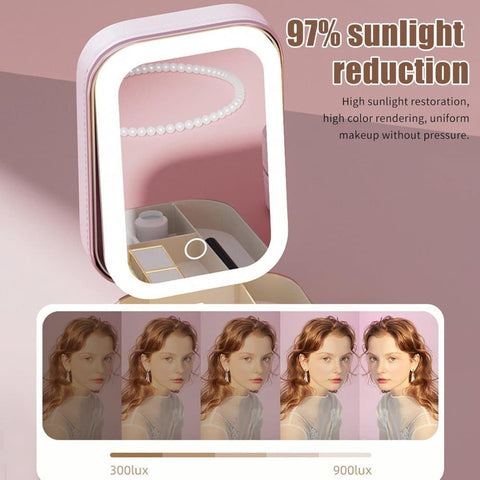 Portable Makeup Bag with LED Mirror 3 Light Modes, Travel Cosmetic Organizer for Women, Pink