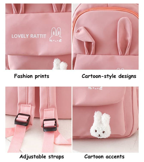 Cute Rabbit Ears School Backpack for Girls 4-Piece, Large Space with Multiple Compartments, Purple