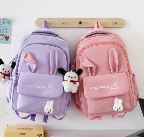 Cute Rabbit Ears School Backpack for Girls 4-Piece, Large Space with Multiple Compartments, Purple