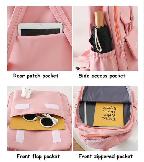 Cute Rabbit Ears School Backpack for Girls 4-Piece with Multiple Compartments Large Space, Pink, Compatible with Teenage & High School