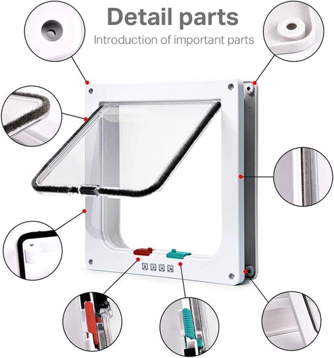 1 Cat Flap with 4 Locking Positions for Small Dogs and Cats, Easy Installation, White
