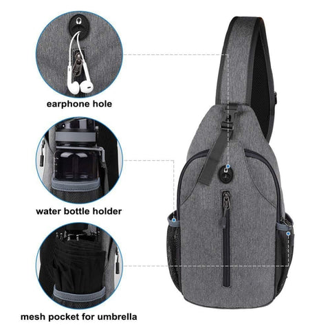 Unisex Multifunctional Shoulder Bag Crossbody Chest Backpack with Headphone Jack for Hiking Travel Climbing, Dark Gray