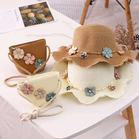 Girls Straw Hat and Shoulder Bag Set for Summer Beach Travel Outdoor Play, Khaki
