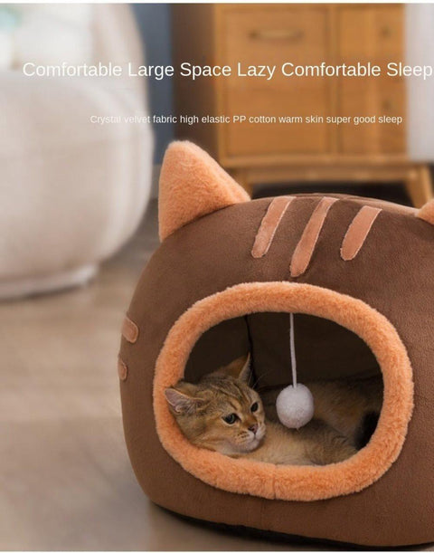Fluffy Dog Bed Cat Bed Winter Pet House Anti-Slip, M, Brown Gray Pink