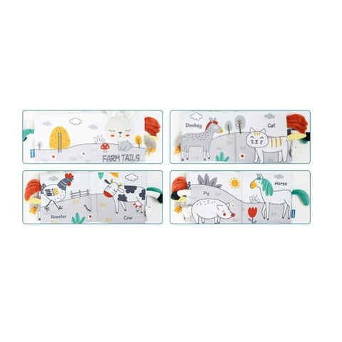 Baby Activity Cloth Book, Soft Learning Sensory Toy with Animal Motifs for Infants, Grey and White, SZ1