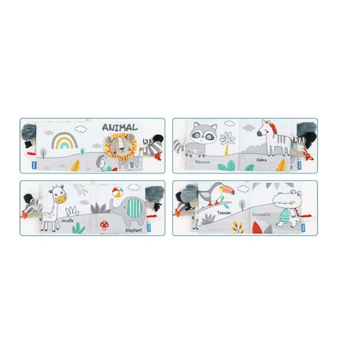 Grey and White Baby Activity Cloth Book, Soft Sensory Learning Toy with Animal Motifs for Infants, SZ2