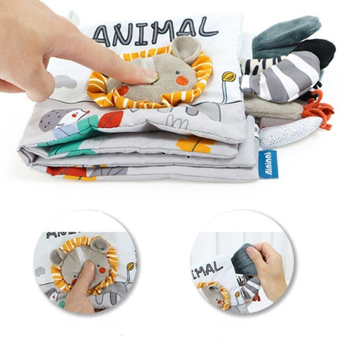 Grey and White Baby Activity Cloth Book, Soft Sensory Learning Toy with Animal Motifs for Infants, SZ2