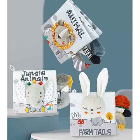 Grey and White Baby Activity Cloth Book, Soft Sensory Learning Toy with Animal Motifs for Infants, SZ2