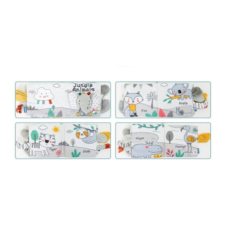 1 Baby Cloth Book, Soft Sensory Learning Toy for Infants with Animal Motifs, Grey and White, SZ3