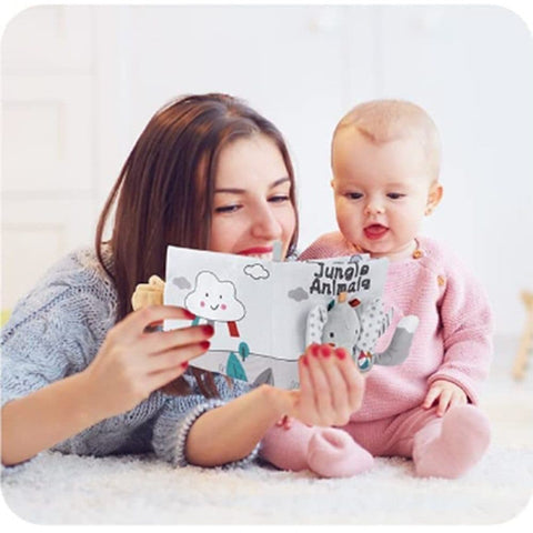 1 Baby Cloth Book, Soft Sensory Learning Toy for Infants with Animal Motifs, Grey and White, SZ3