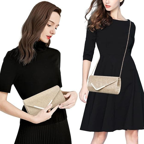 Sequin Evening Bag for Women 3-in-1 with Chain and Envelope Shape, Gold