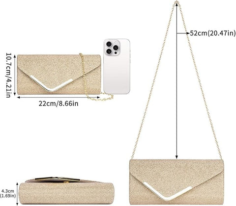 Sequin Evening Bag for Women 3-in-1 with Chain and Envelope Shape, Gold