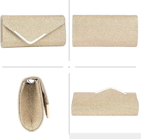 Sequin Evening Bag for Women 3-in-1 with Chain and Envelope Shape, Gold