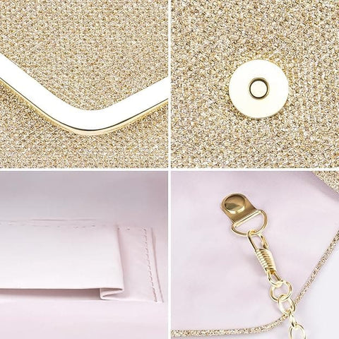 Sequin Evening Bag for Women 3-in-1 with Chain and Envelope Shape, Gold