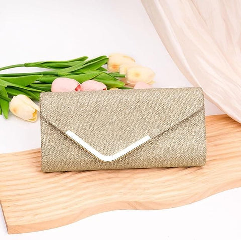 Sequin Evening Bag for Women 3-in-1 with Chain and Envelope Shape, Gold