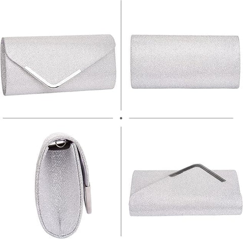 Sequin Evening Bag for Women 3-in-1 with Chain and Envelope Shape, Silver