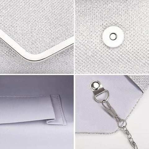 Sequin Evening Bag for Women 3-in-1 with Chain and Envelope Shape, Silver