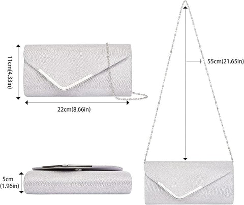 Sequin Evening Bag for Women 3-in-1 with Chain and Envelope Shape, Silver