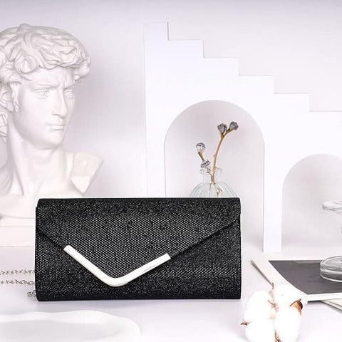 Sequin Evening Bag for Women 3-in-1 with Chain and Envelope Shape, Black